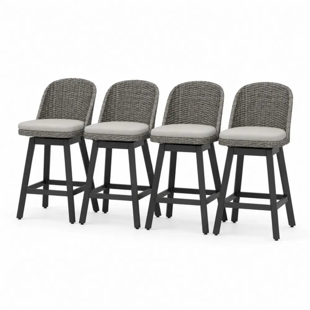 4er Set Barhocker aus Polyrattan mit Metallrahmen und Polyester Sitzkissen, Grau