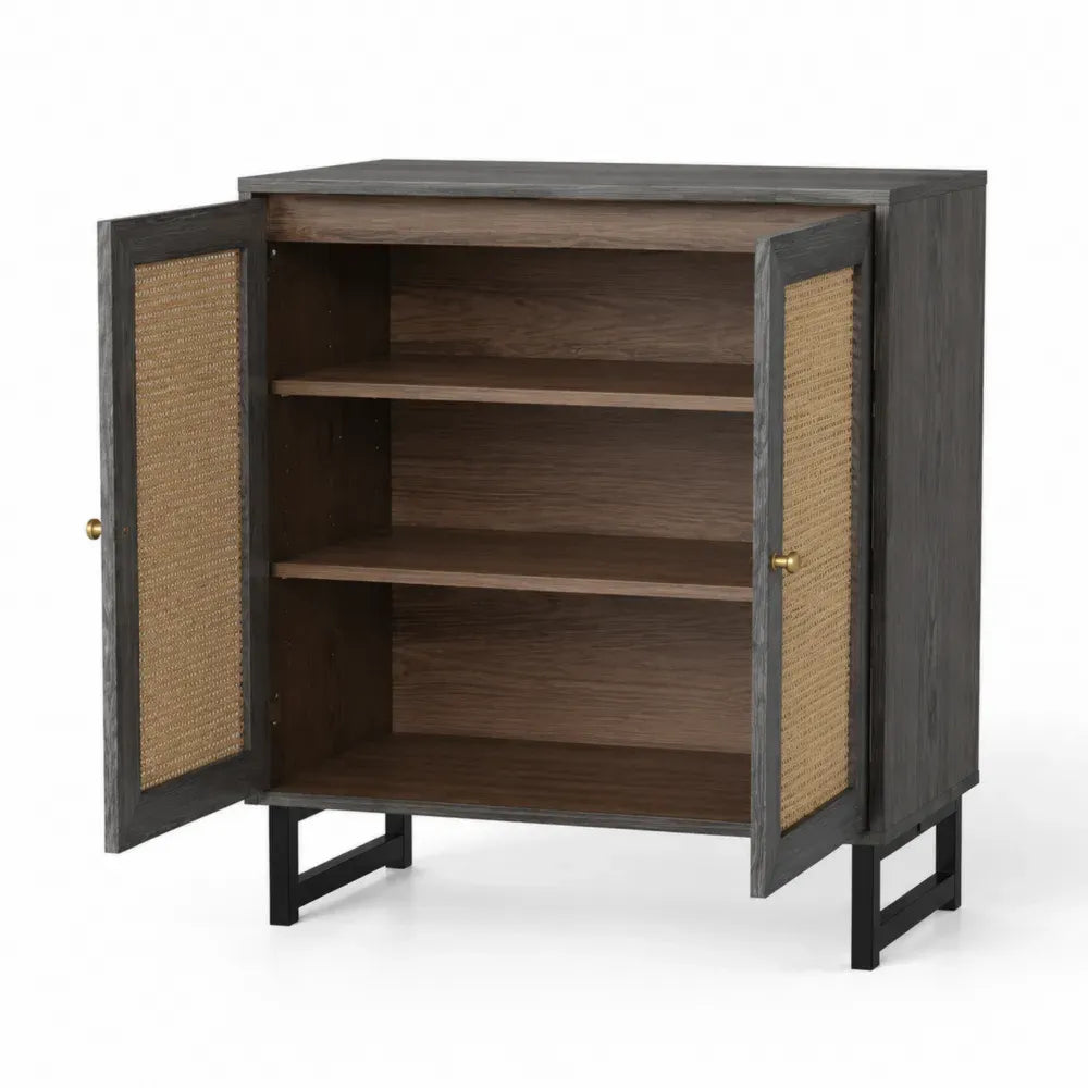 Kommode aus Holz und Rattan mit 2 Türen, 80x40x100 cm