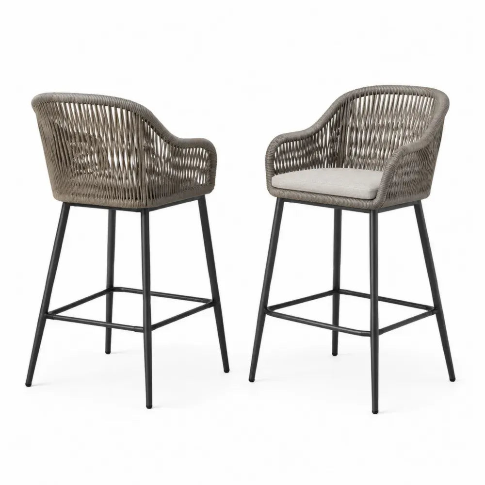 2er Set Barhocker mit Metallrahmen und Rattangeflecht, Grau