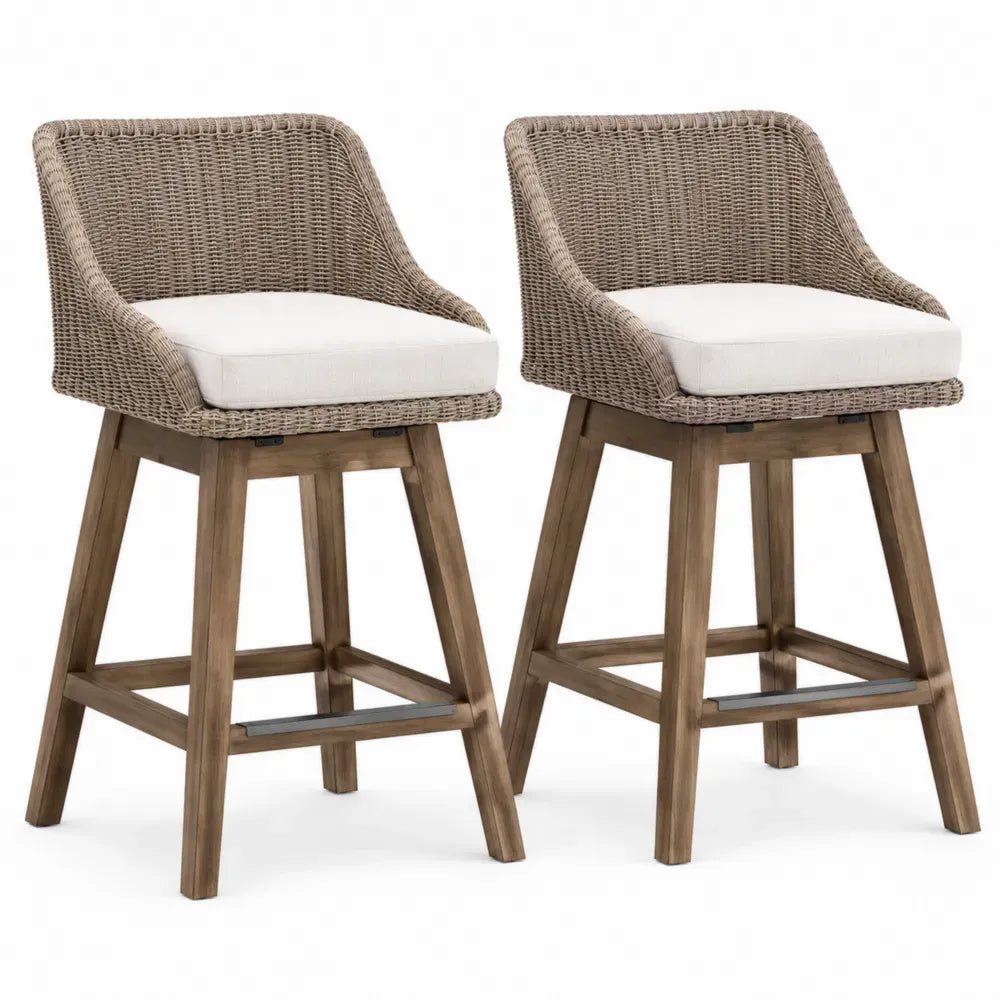 2er Set Barhocker mit Akazienholzgestell und PE-Rattansitz Braun Beige