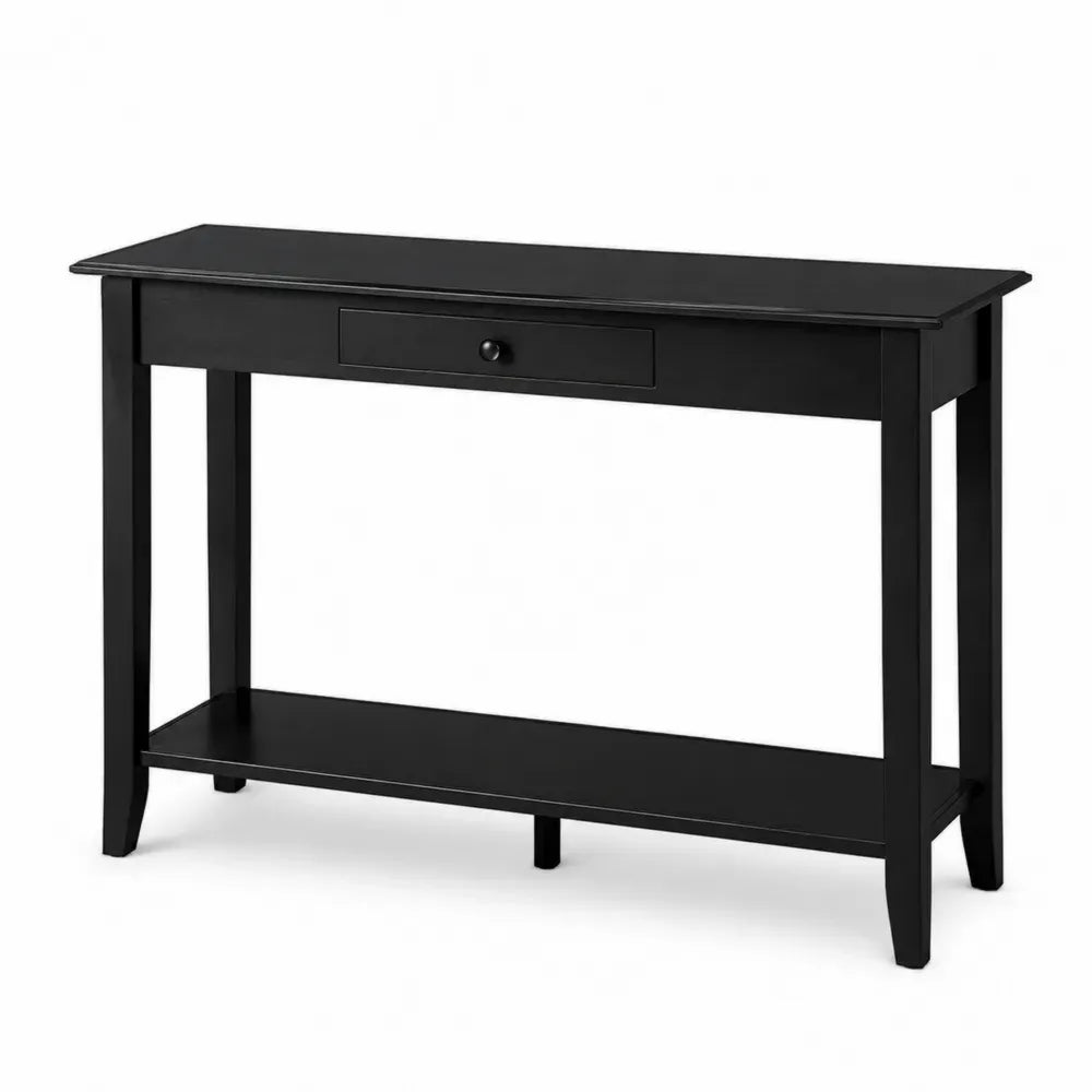 Schwarzer Holzkonsolentisch mit Schublade und Regal 120 cm