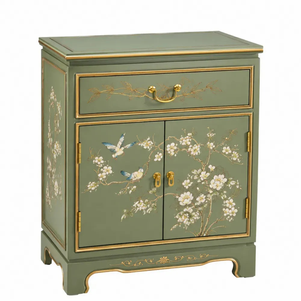 Holzschrank mit handgemaltem Blumenmuster und goldenen Akzenten, 85 cm