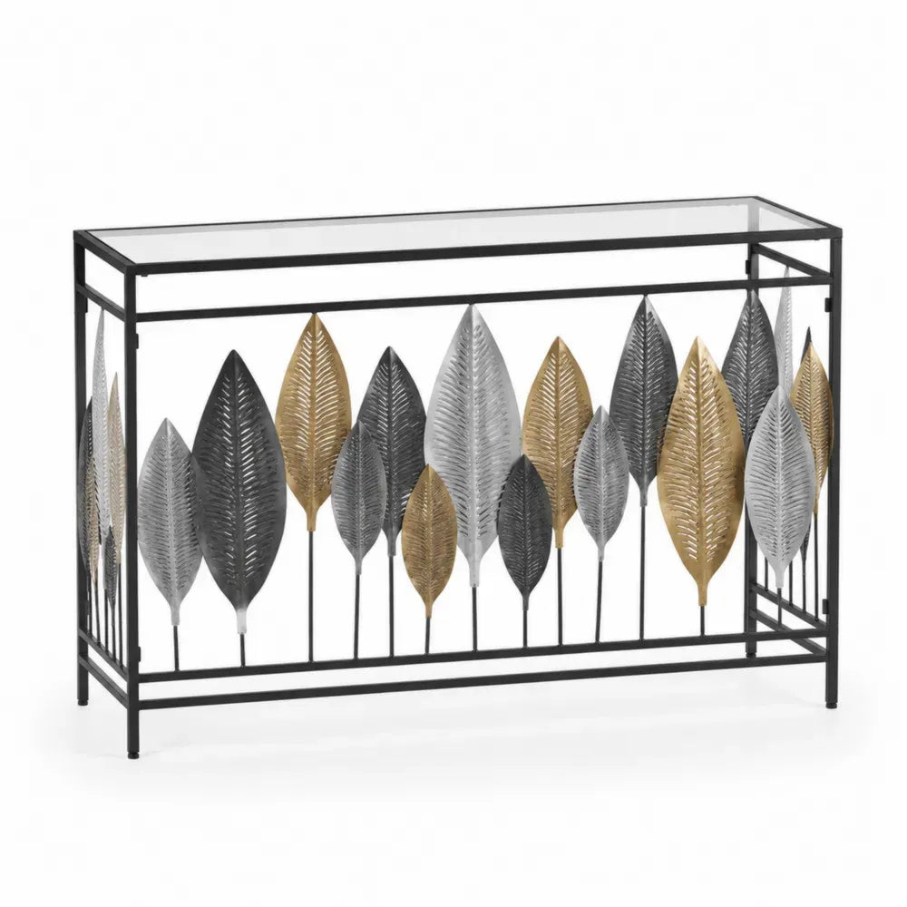 Konsolentisch aus Metall mit gehärtetem Glasplatte in Gold/Schwarz/Silber