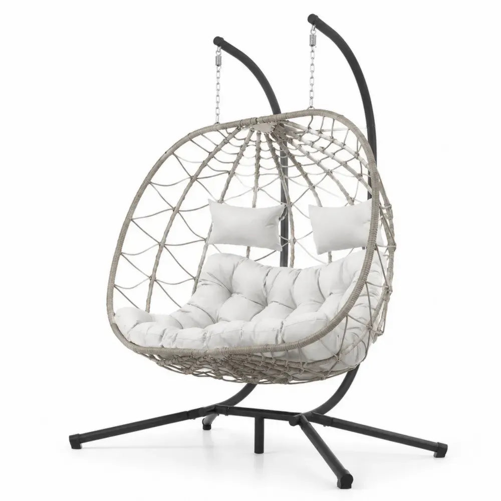 Doppelter Hängesessel aus Polyrattan mit Stahlrahmen und Polyesterkissen Beige Weiß