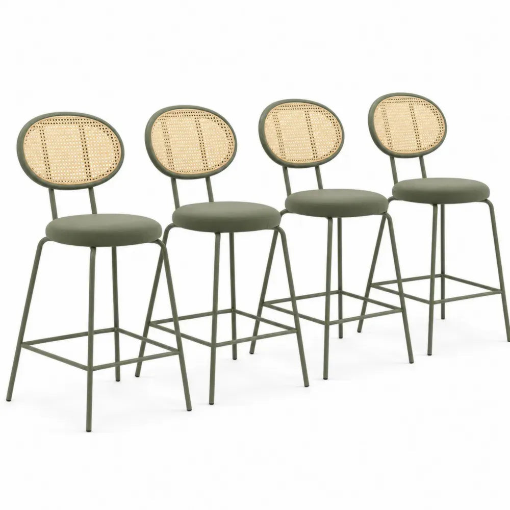 4er Set Barhocker mit Rattan-Lehne und Aluminium in Grün