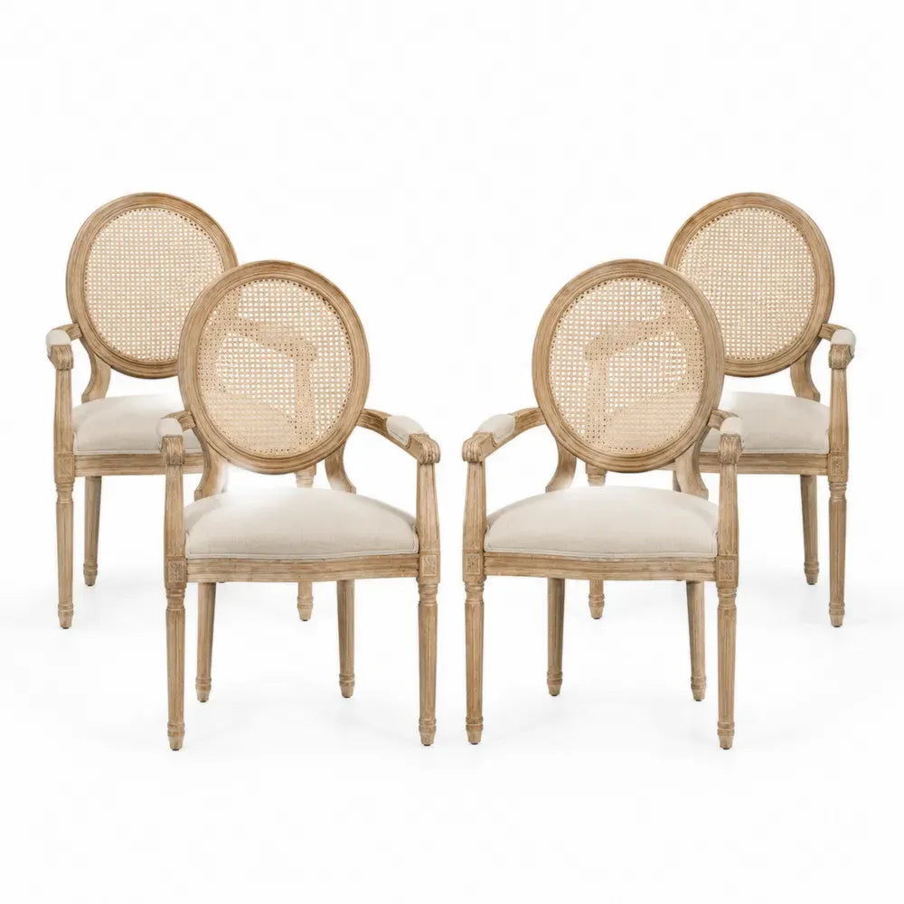 4er-Set Esszimmerstühle aus Eichenholz und Rattan, Leinenpolsterung