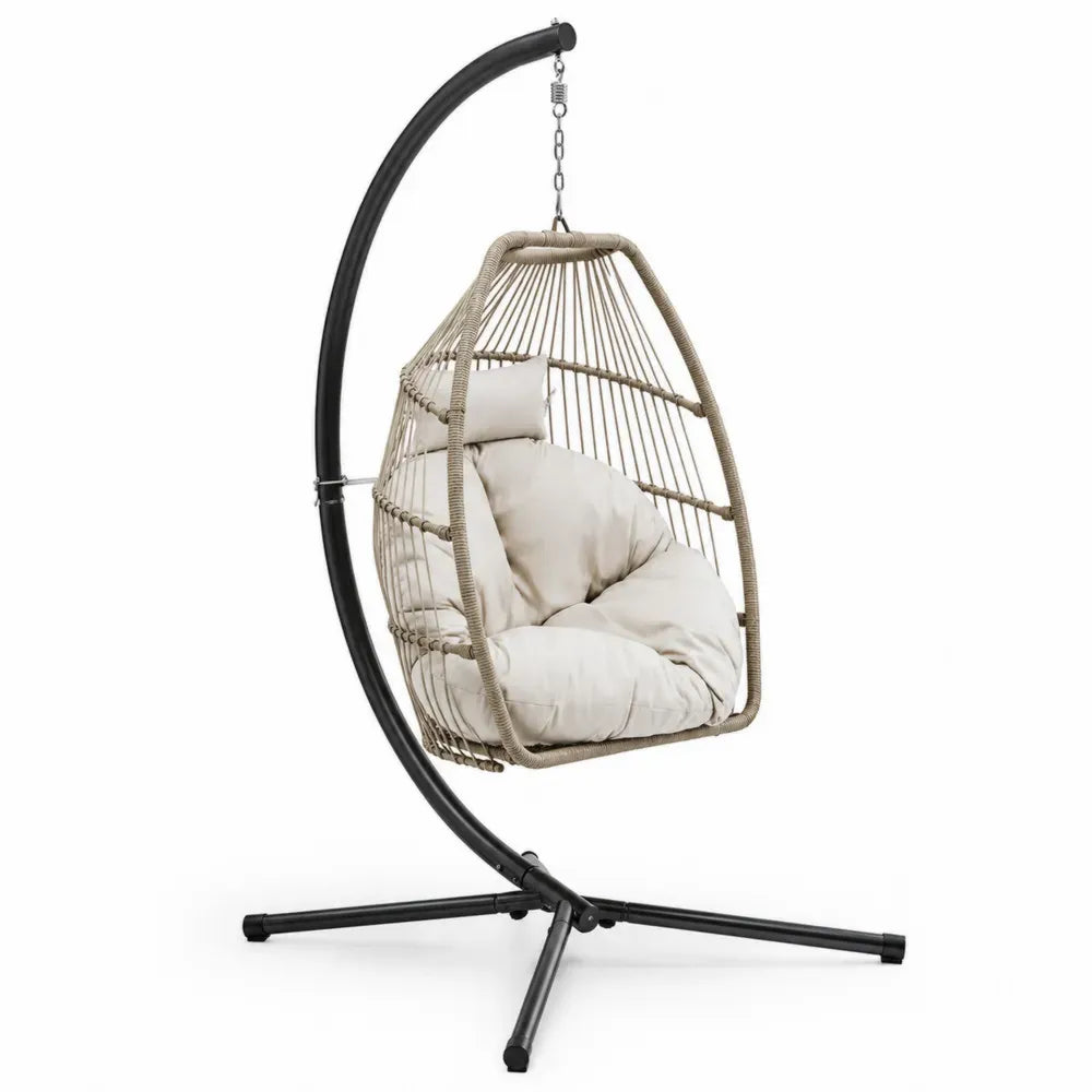 Freistehender Hängesessel mit Stahlrahmen und Rattan, Natur/Creme