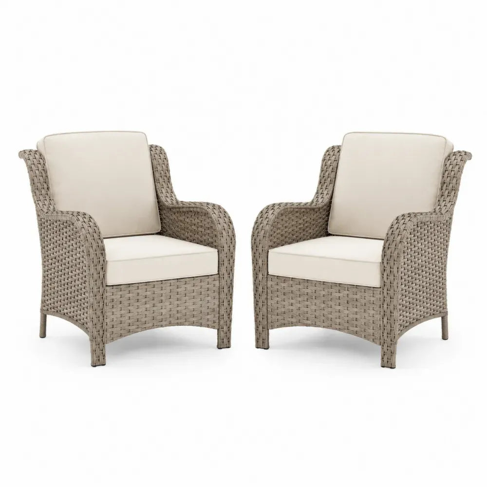 2er Set Gartenstühle aus Polyrattan mit Sitzkissen und Rückenkissen Beige